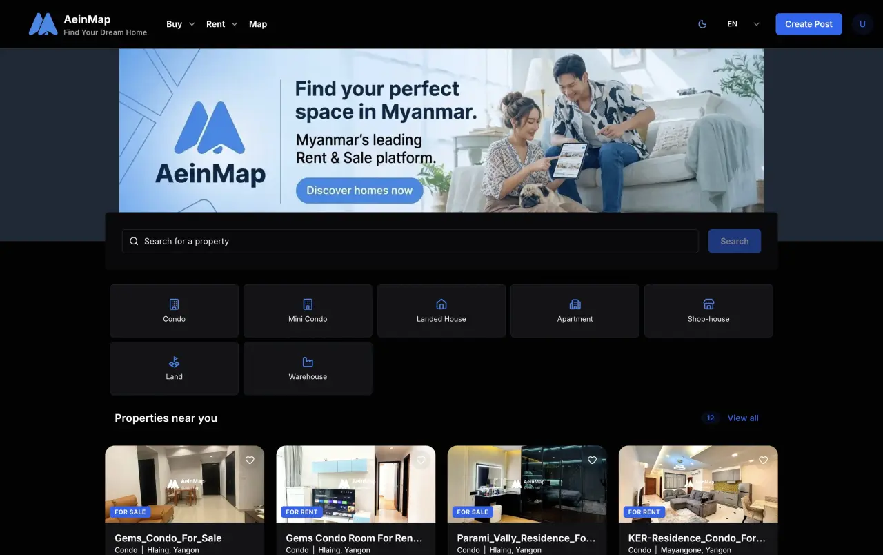 AeinMap real estate platform - map-based property listings search interface